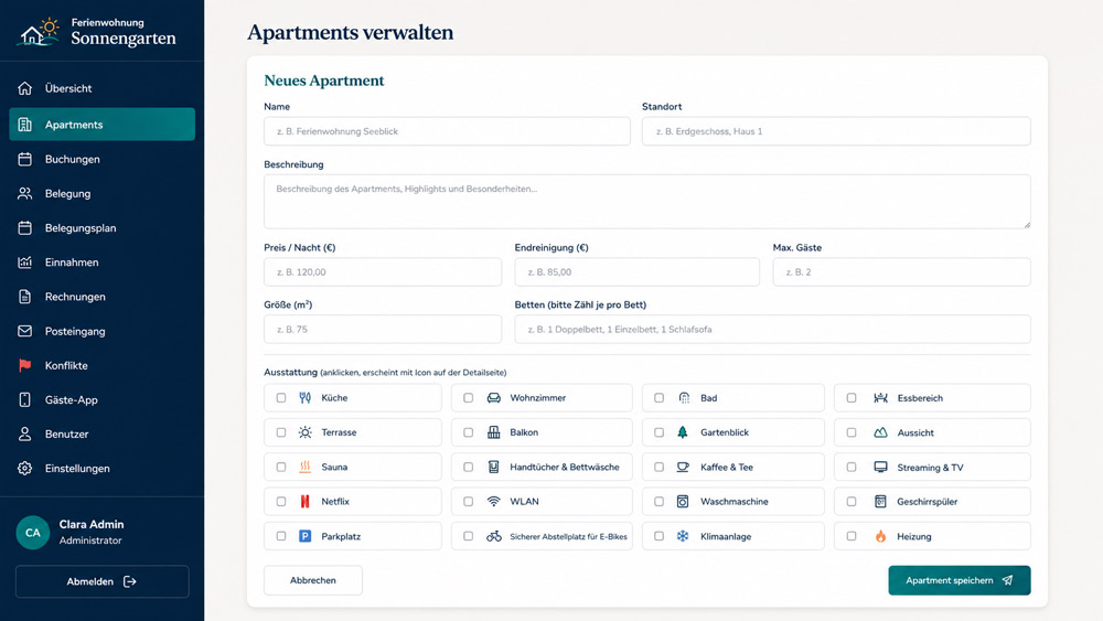 BuchungPlus Backend: Übersicht der Buchungen mit Status, Zeitraum und Betrag