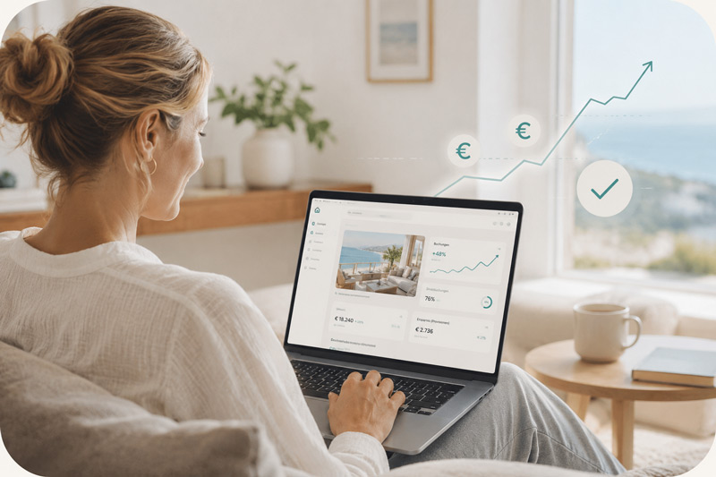 Gastgeber berechnet das Einsparpotenzial am Laptop